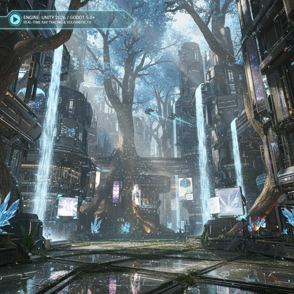 High-fidelity 3D game scene demonstrating advanced graphics possible with modern game engines like Unity or Godot in 2026.