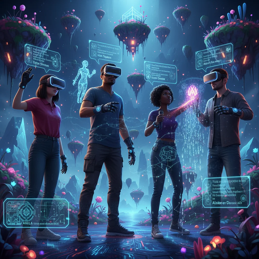Gamers collaborating with AI tools in a virtual world