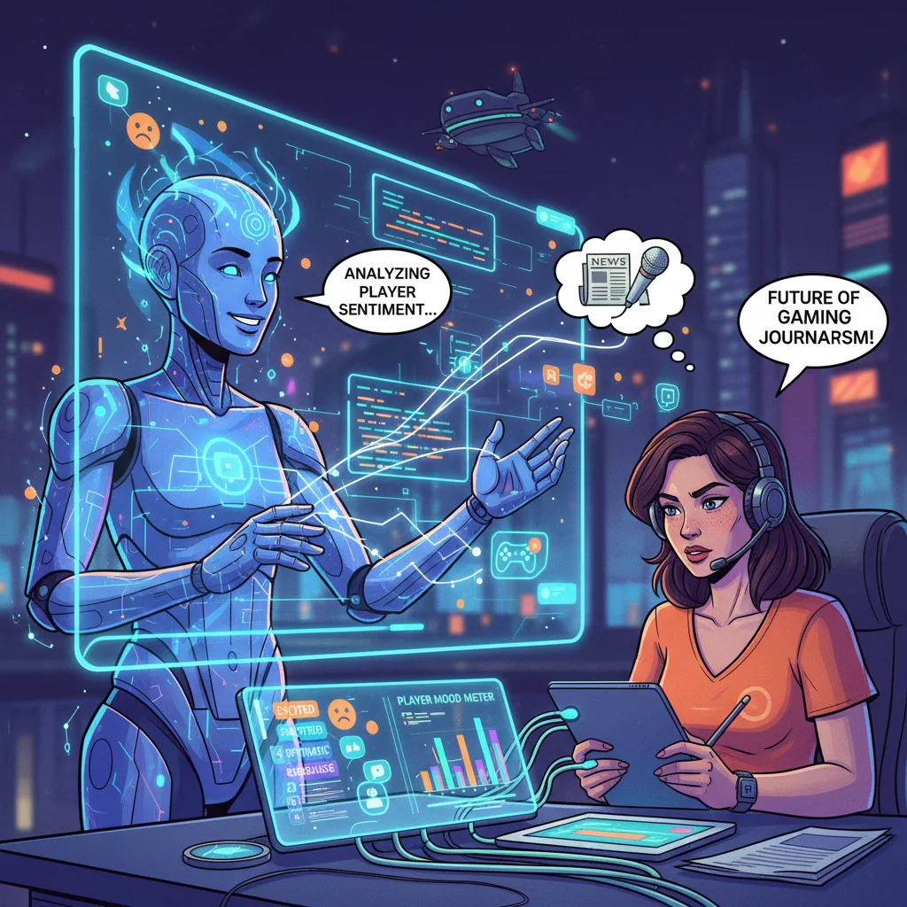 AI assistant aiding a gaming journalist in analyzing player sentiment and data
