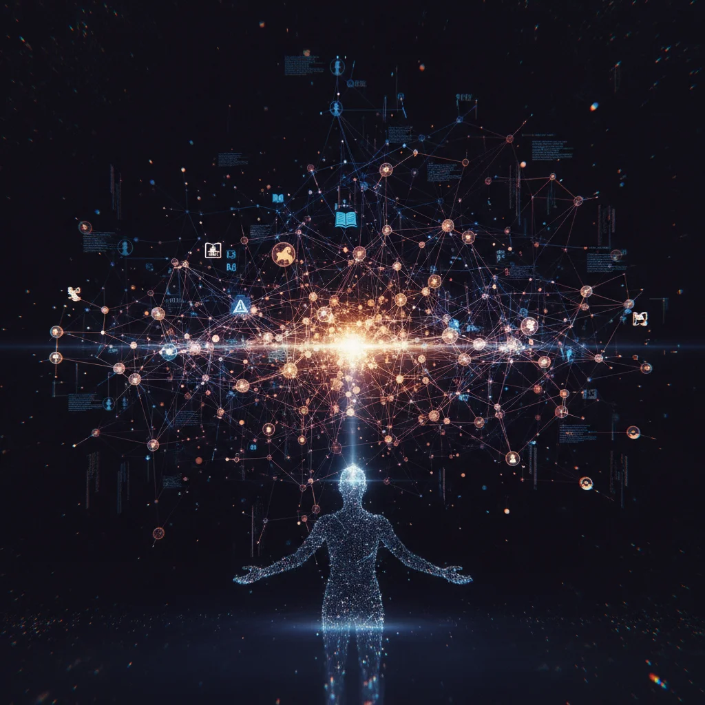 AI-powered narrative generation visualized as a glowing neural network with a player silhouette, demonstrating adaptive storytelling.