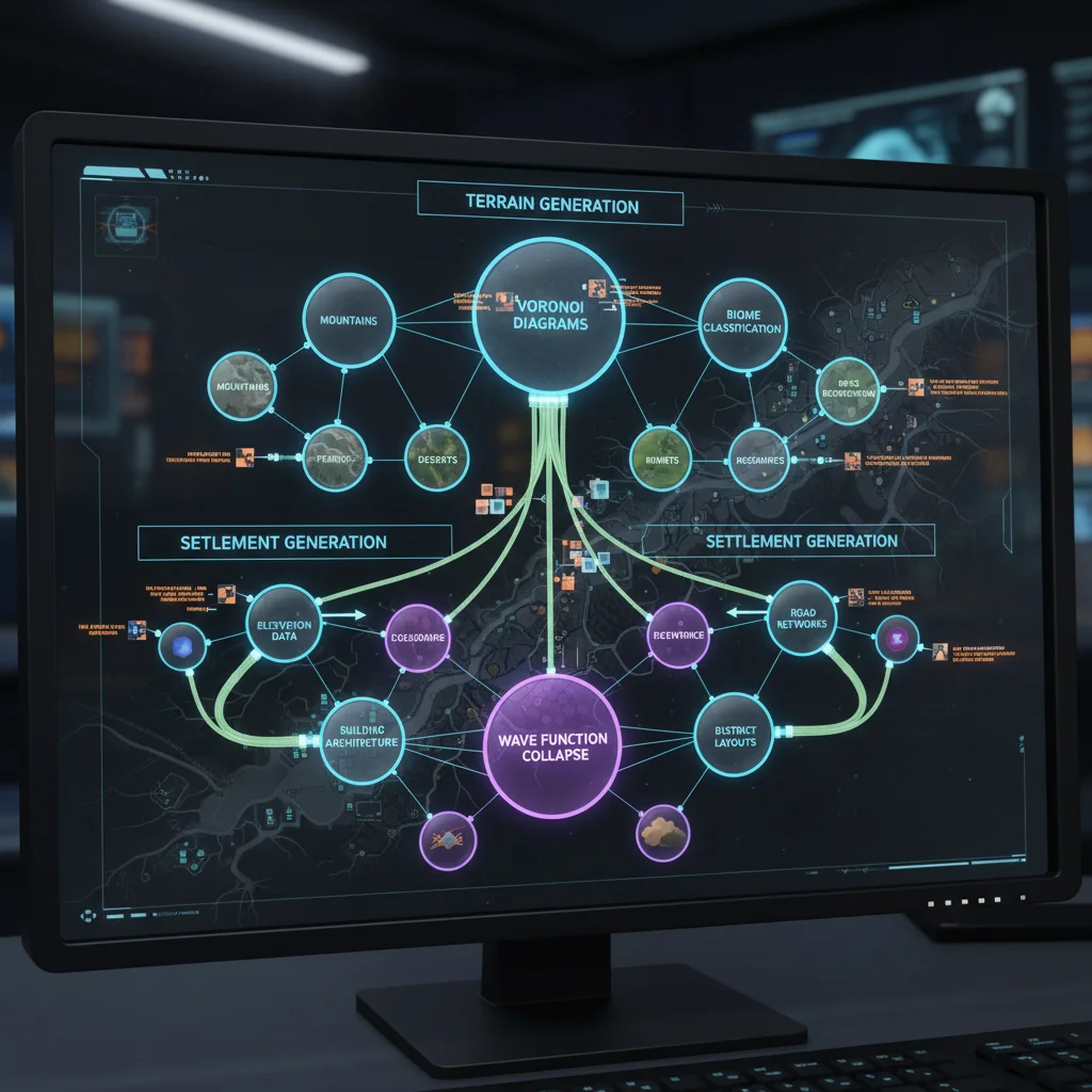 Network diagram showing interplay of procedural generation algorithms for diverse game elements.