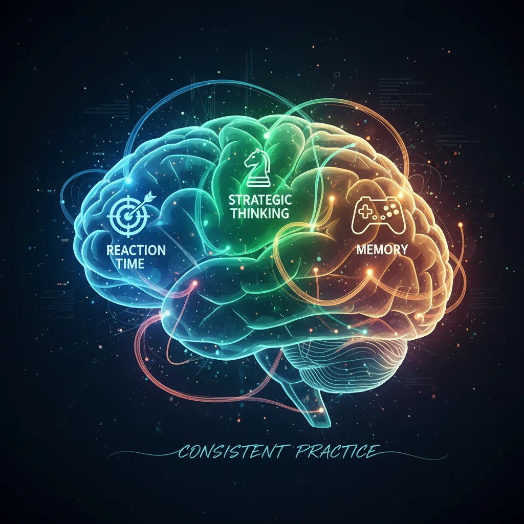 Brain illustration showing enhanced cognitive functions for gaming, including reaction time, strategy, and memory through practice.