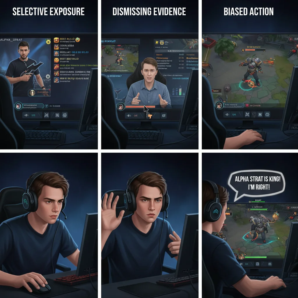 Gamer demonstrating confirmation bias, filtering information to support existing beliefs in gameplay.