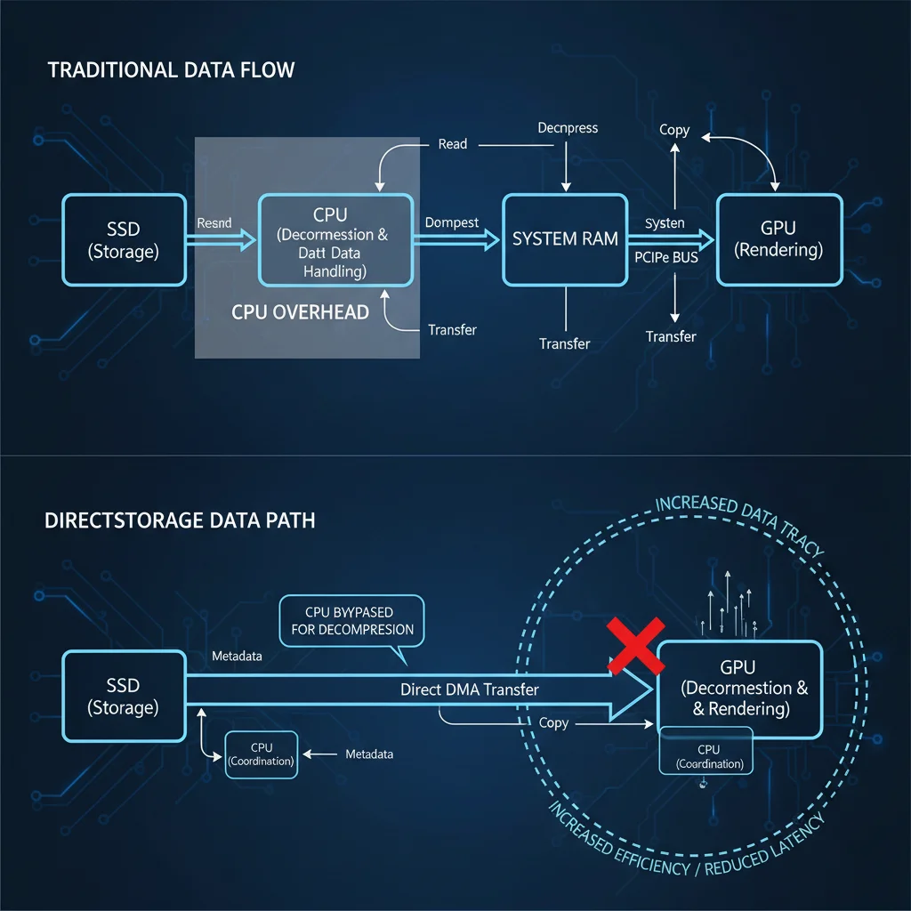Diagram comparing traditional data path to DirectStorage data flow, showing CPU bypass.