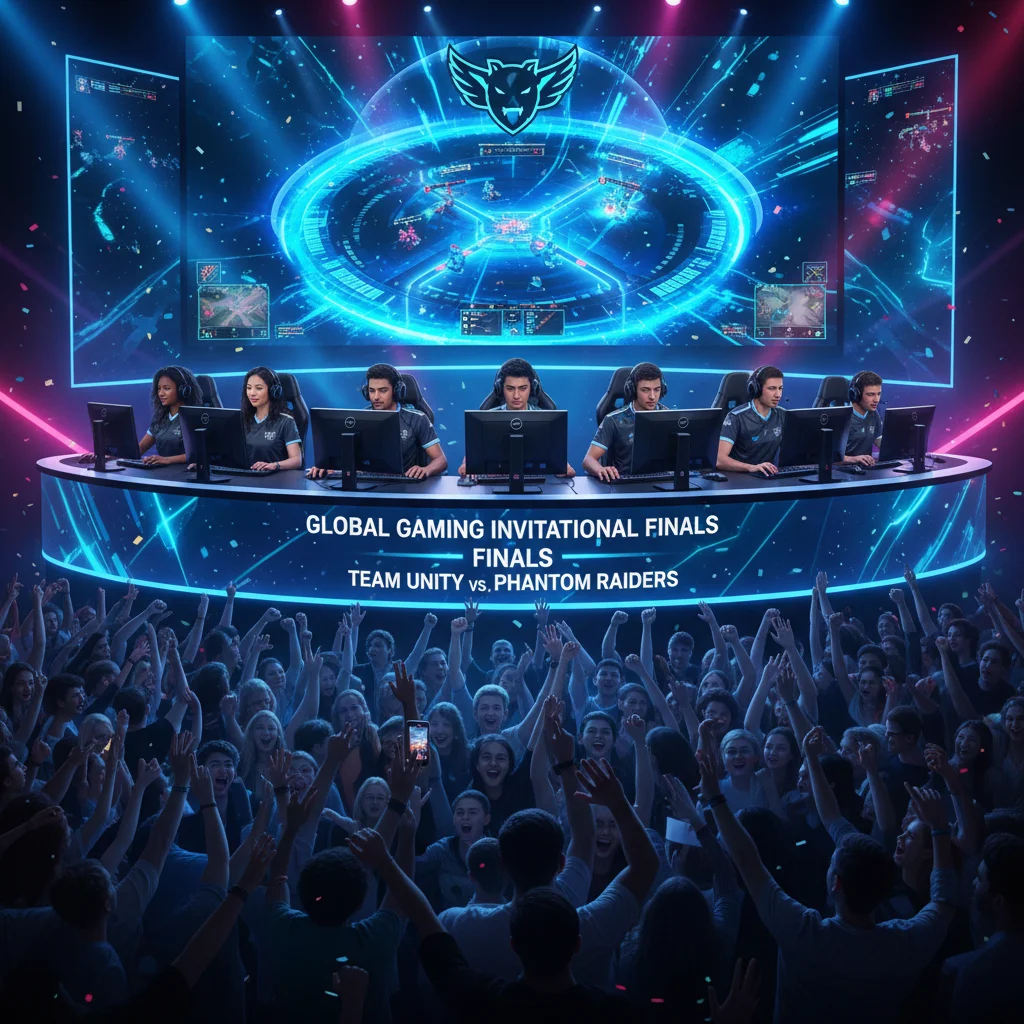 Diverse esports team competing on stage at a major gaming event.