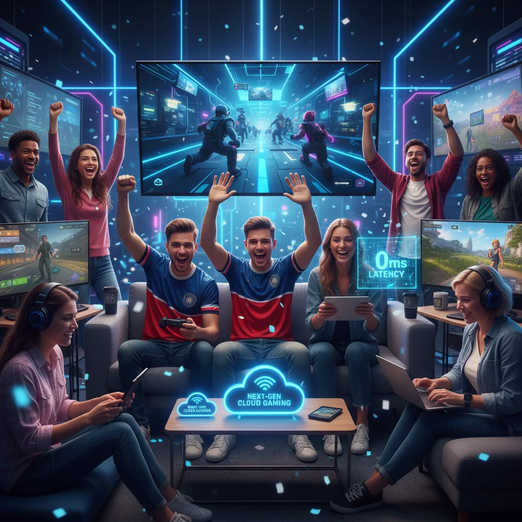 Diverse US gamers enjoying seamless lag-free cloud gaming on multiple devices