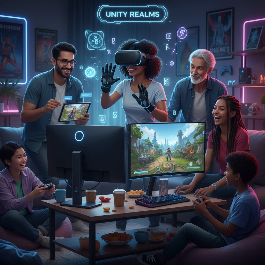 Diverse group of gamers interacting in a virtual reality environment, representing multi-platform engagement.