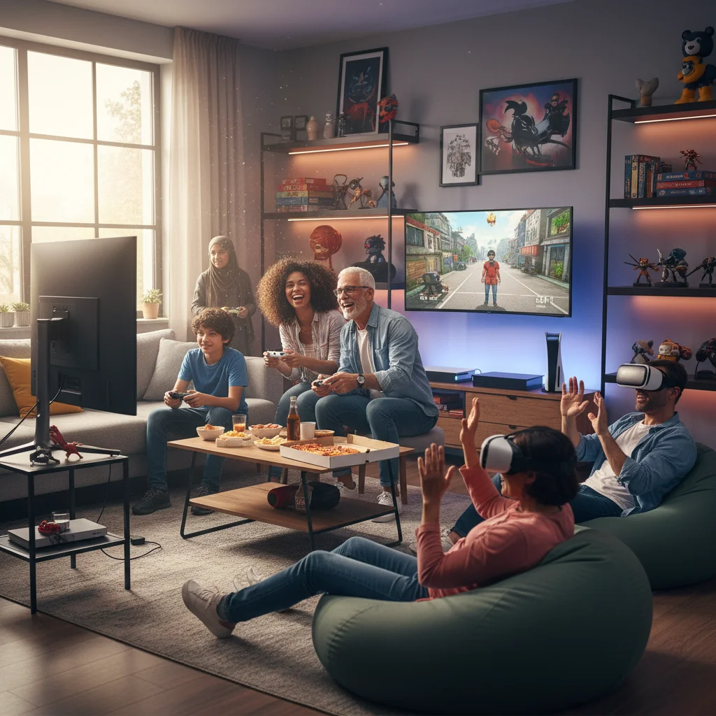 Diverse group of gamers enjoying next-gen consoles in a modern living room.