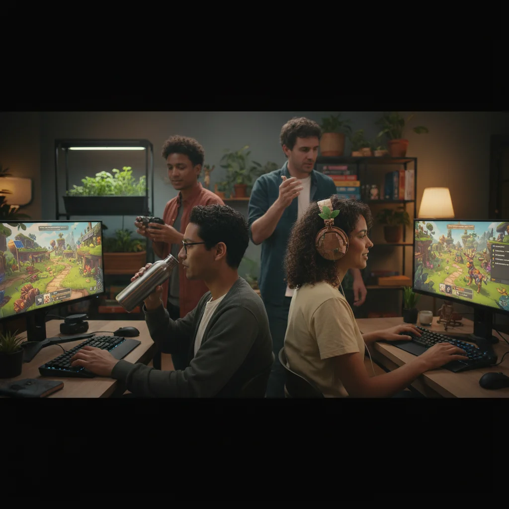 Gamers collaborating in an eco-themed online game with sustainable accessories
