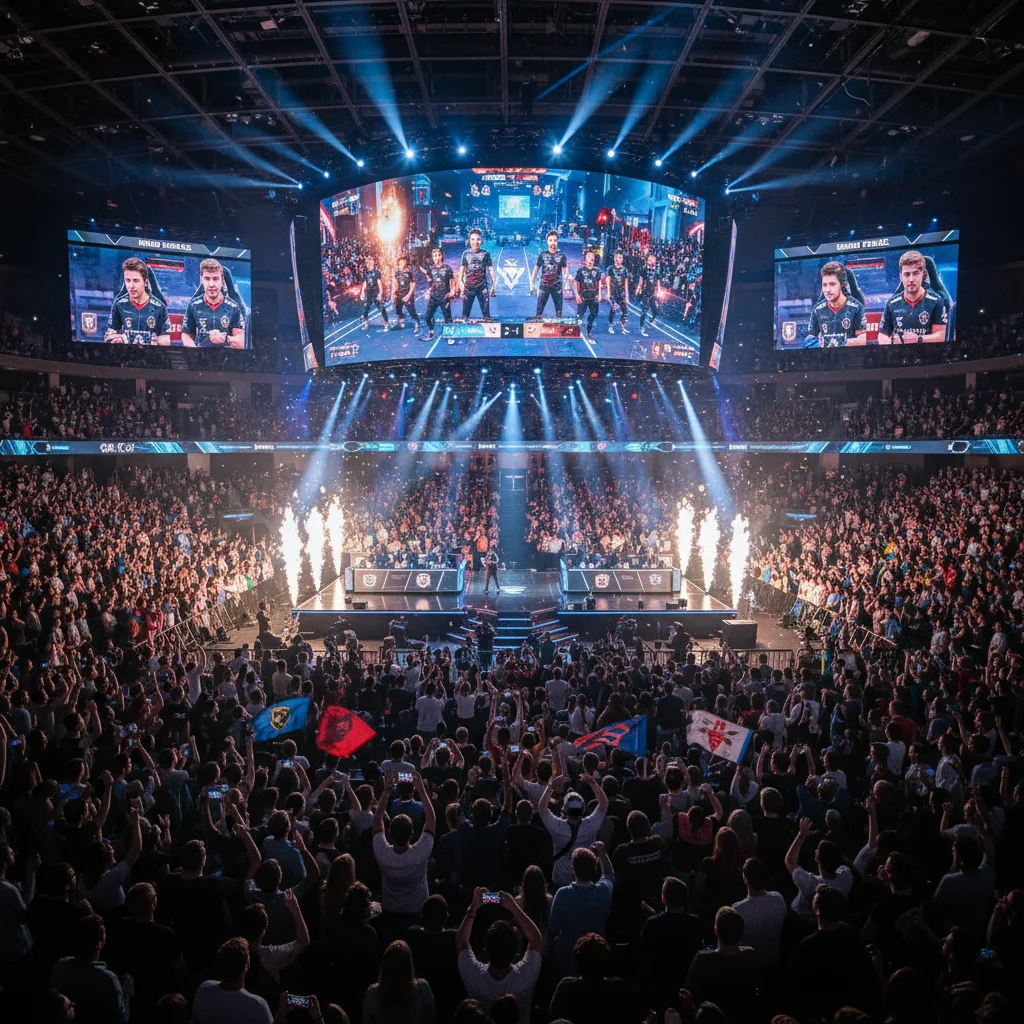 Esports arena packed with passionate fans, celebrating competitive gaming and community support.