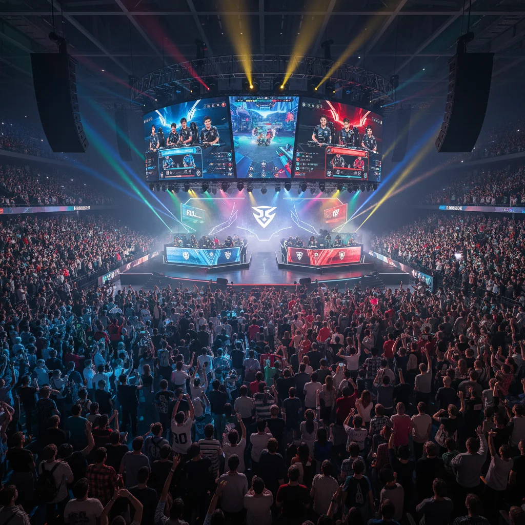 Panoramic view of a packed esports arena during a live competitive gaming event.