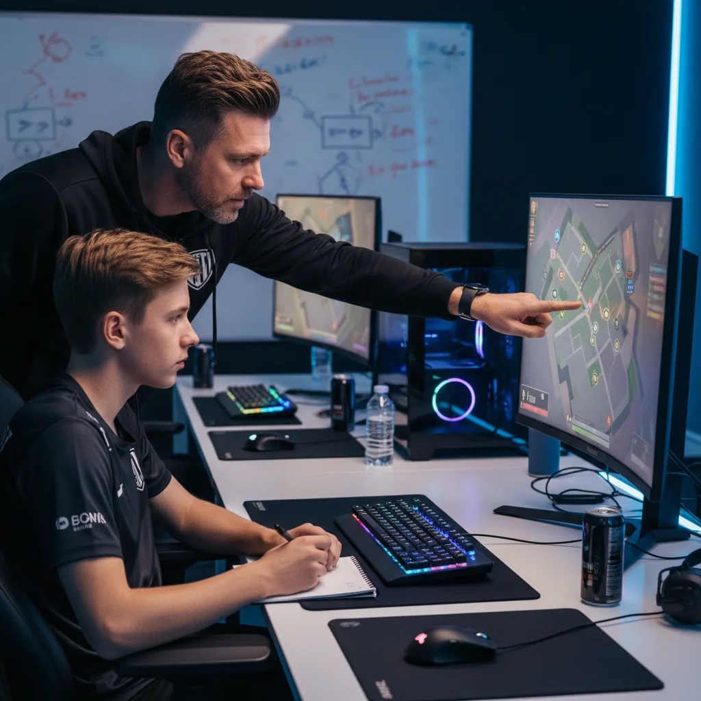 Esports coach guiding a young player on game strategy in a dedicated training room.