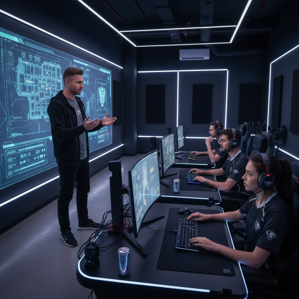 Esports coach strategizing with a team in a high-tech training facility, emphasizing data analysis and teamwork.