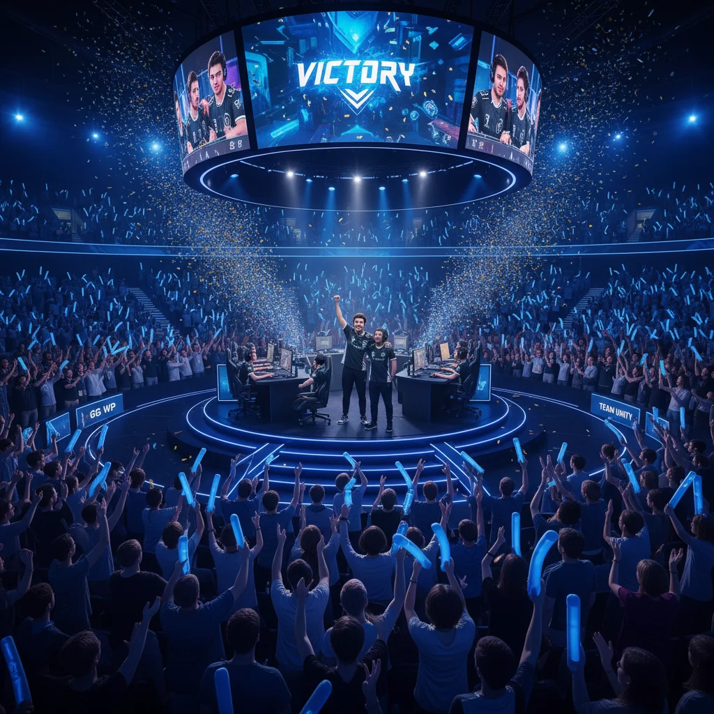 Excited crowd and players at an esports event, showcasing community and engagement.