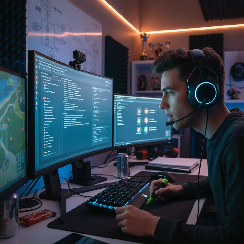 Esports player analyzing game patch notes and strategizing with teammates.