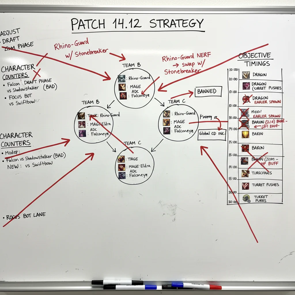 Esports team strategizing on a whiteboard, adapting to game patch changes