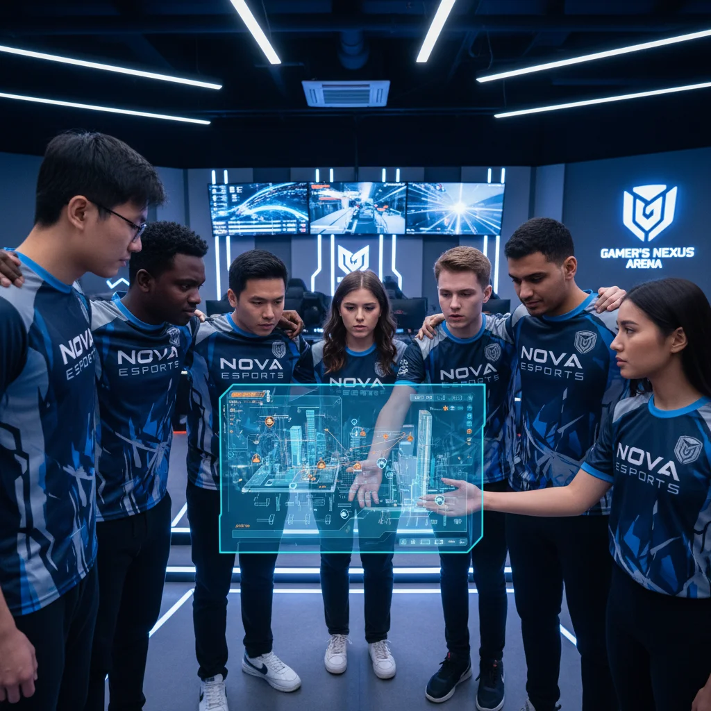Esports team huddling, demonstrating strong communication and teamwork before a competitive match.