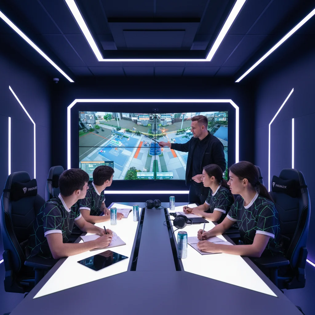 Esports coach and team analyzing game footage in a training facility, discussing strategy.
