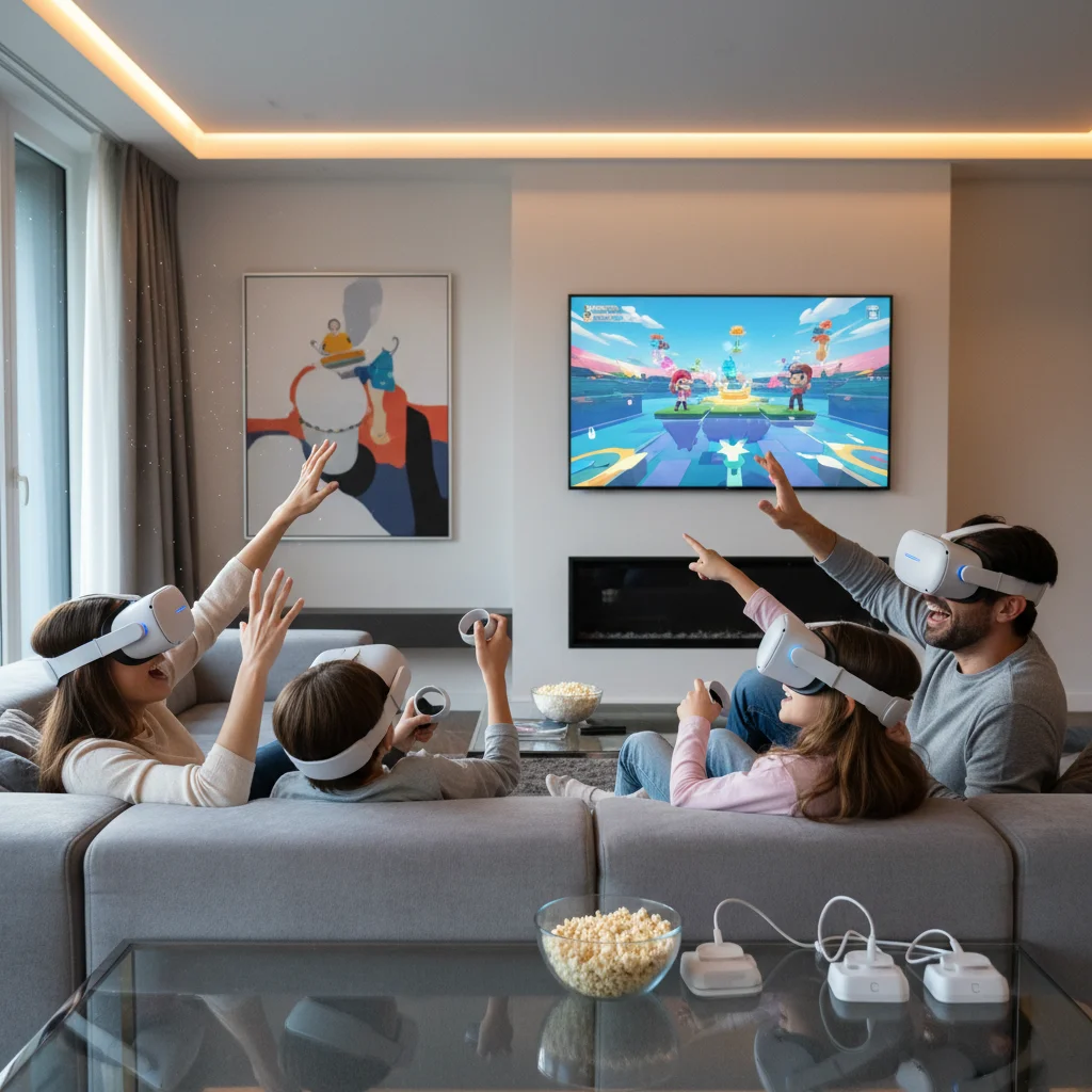 Family playing social VR games together in a modern living room setting