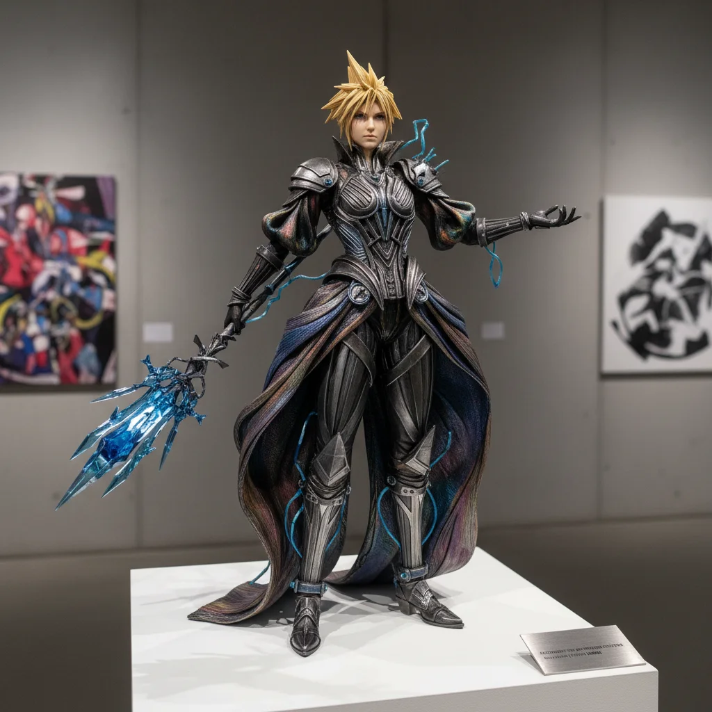 Detailed fan art of a video game character in high-fashion style, displayed in an art gallery.