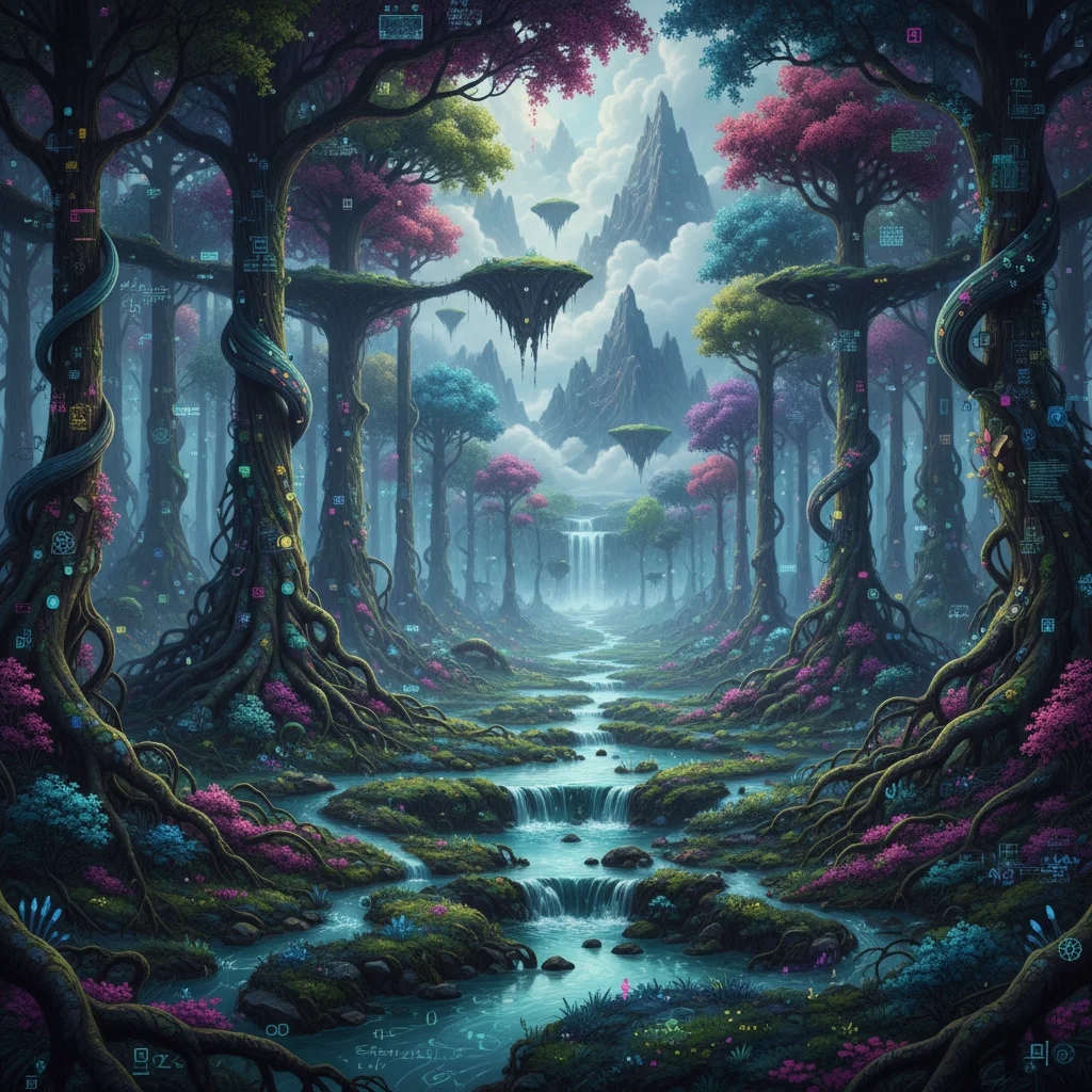 Procedurally generated fantasy forest demonstrating organic complexity in game environments.