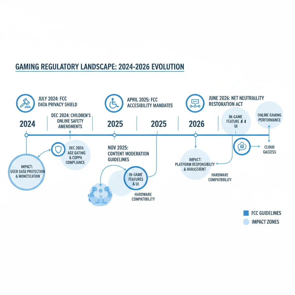 Infographic detailing the timeline and impact of FCC guideline changes on the gaming industry from 2024 to 2026.