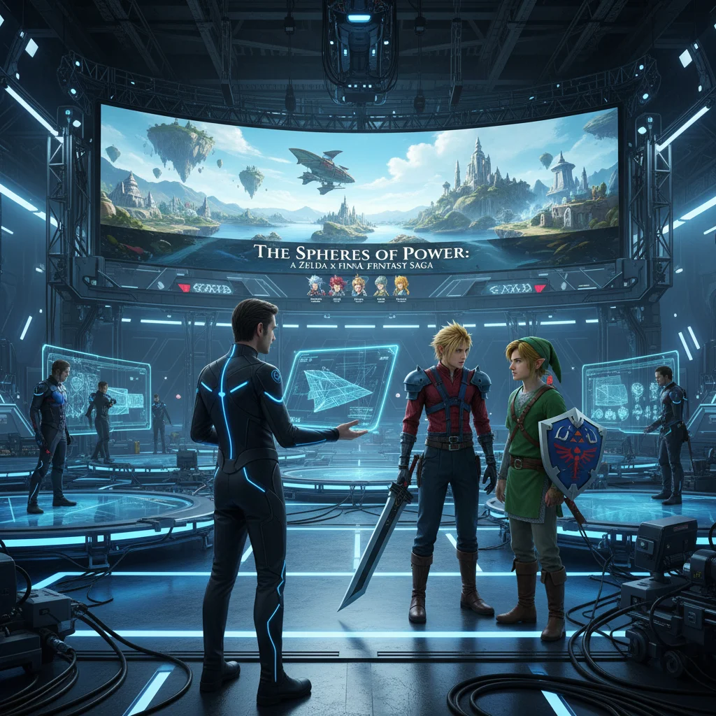 Film director on set, adapting a video game for the big screen with game-inspired character designs.