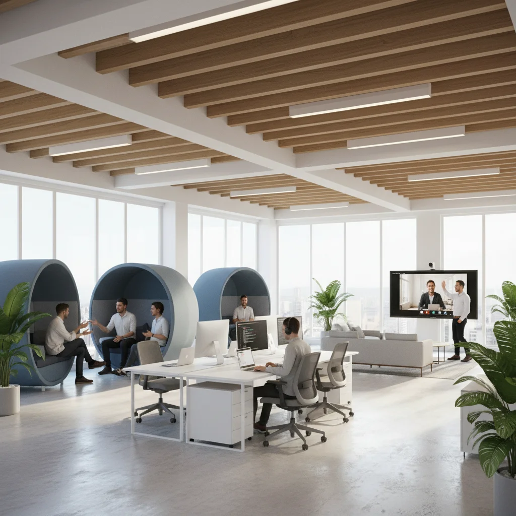 Flexible office layout supporting hybrid game development teams.