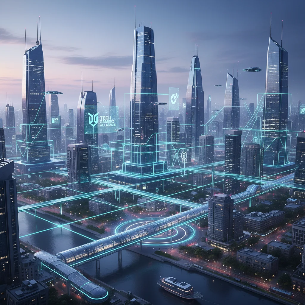 Futuristic digital landscape representing strategic partnerships and future growth in the gaming industry.
