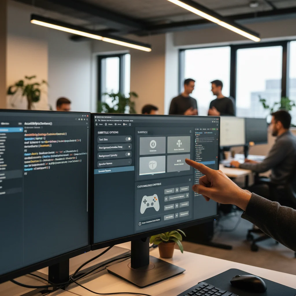 Game developer designing accessible UI with customizable controls and subtitle options