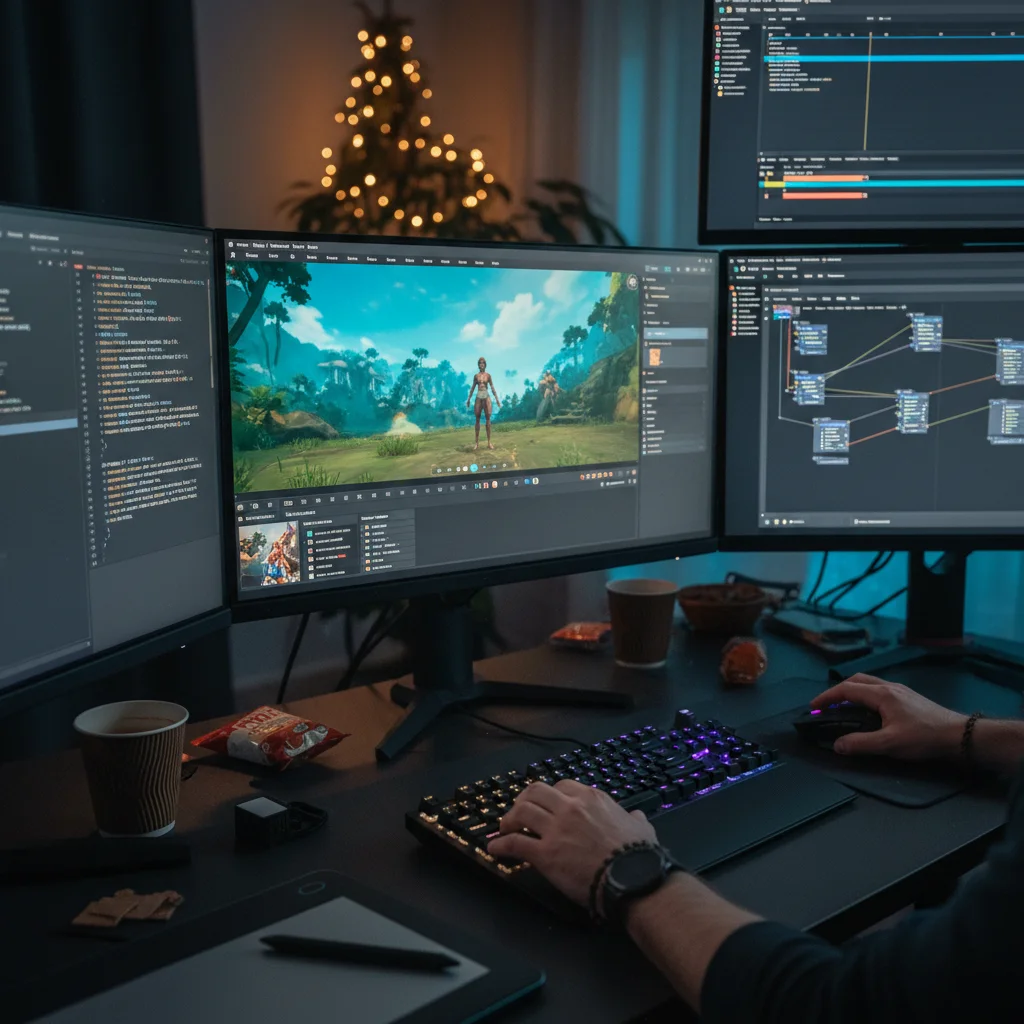 Game developer working intensely on multiple screens, showcasing the intricate process of game creation.