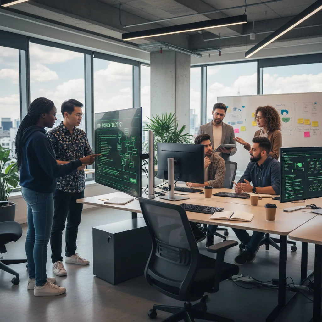 Game developers collaborating on data privacy policies and privacy-by-design implementation.