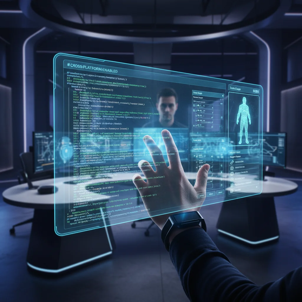 Game developer working on a holographic interface, showcasing the technical side of cross-platform integration.