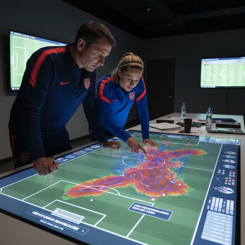 Coach and US player analyzing a digital heatmap of opponent movement patterns.