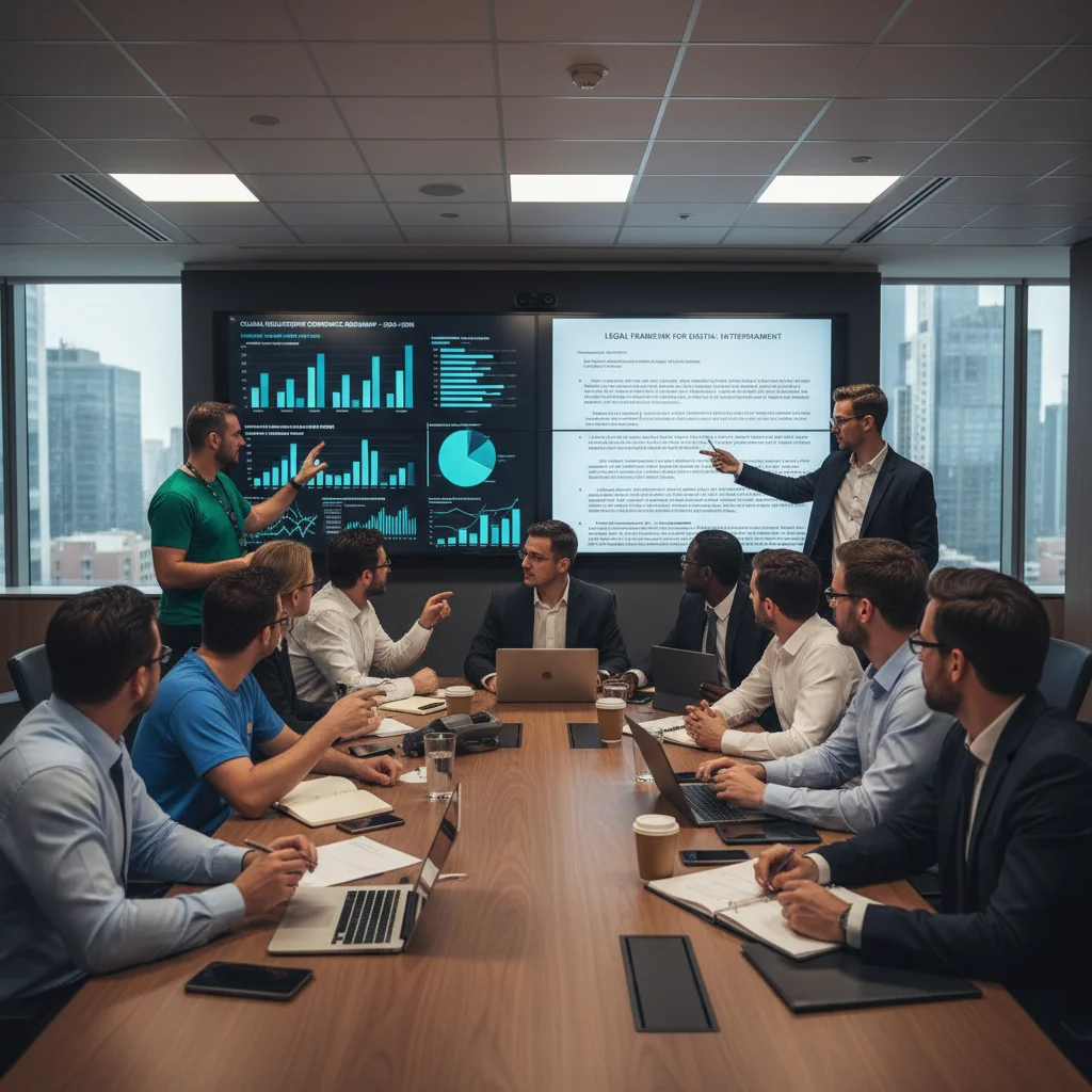 Game industry professionals discussing regulatory compliance strategies in a modern conference room.