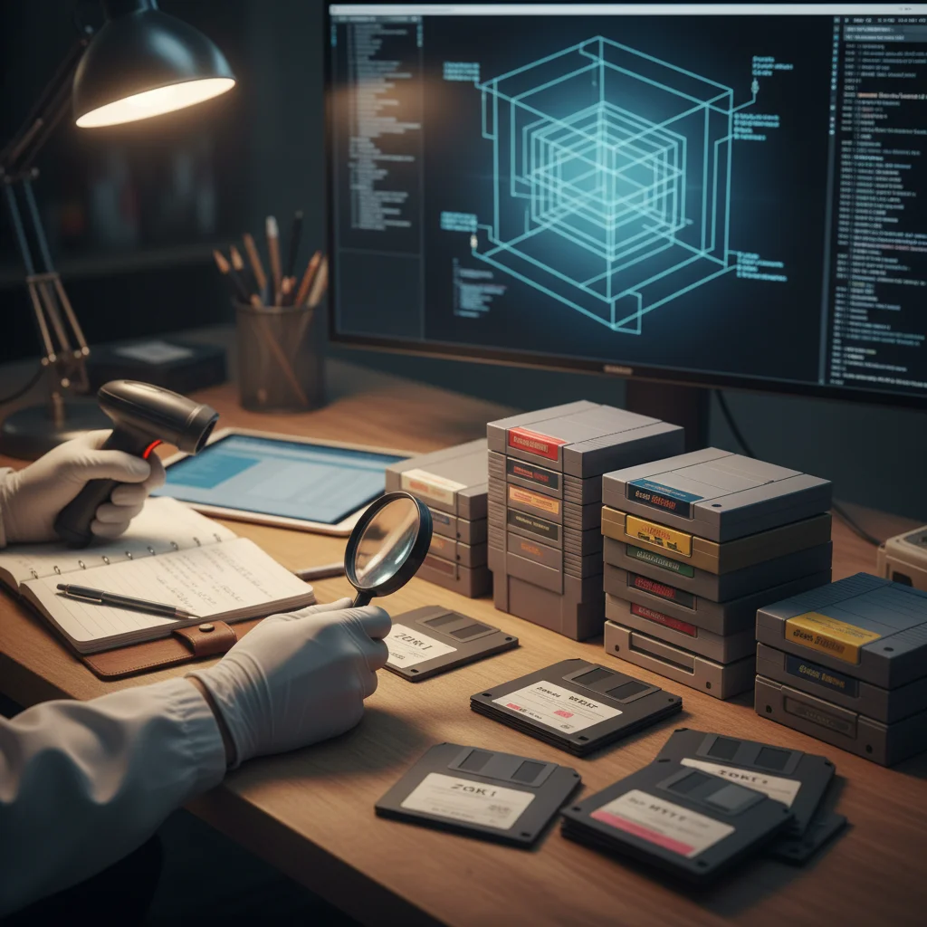 Researcher cataloging vintage game media in a digital archive.