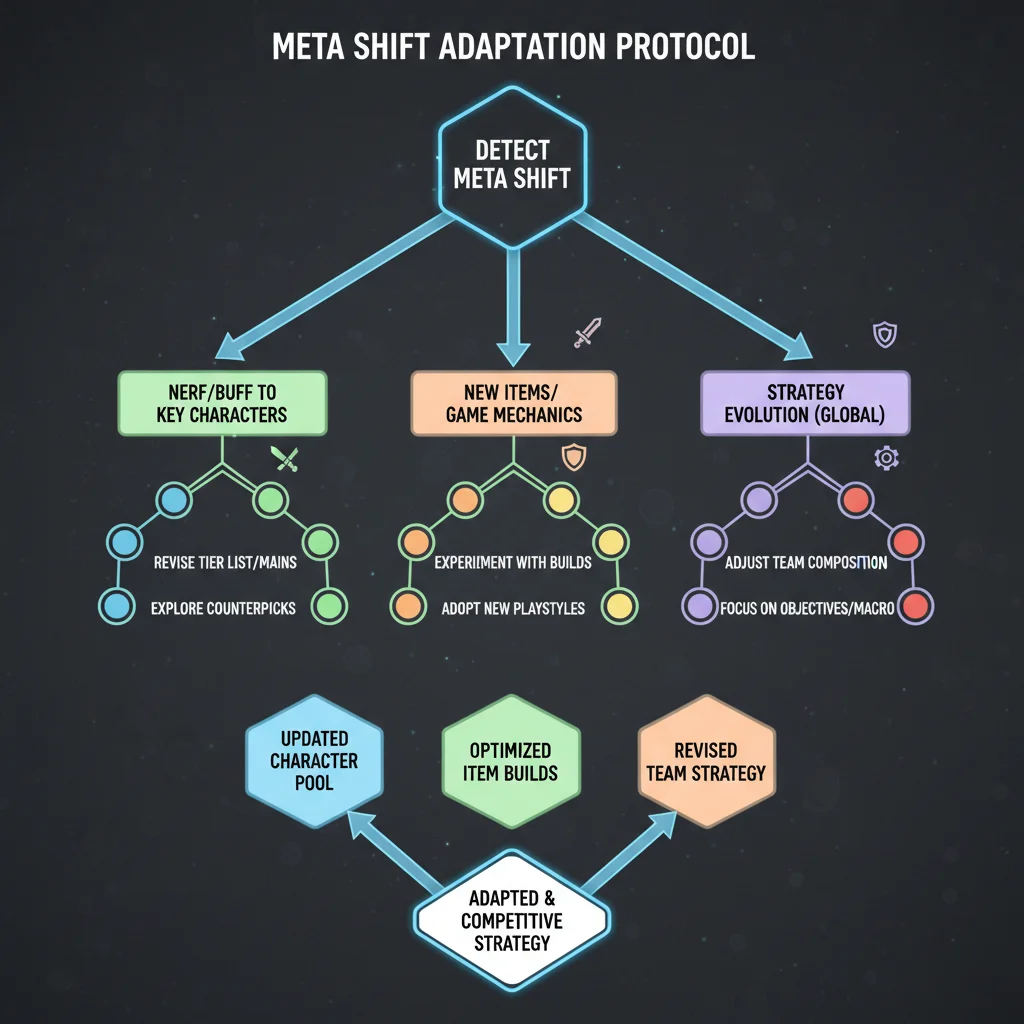 Strategic flowchart for adapting game meta changes and player strategies.