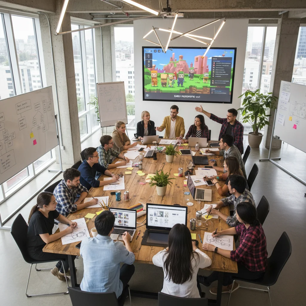 Diverse game development team collaborating on new game concepts in a modern studio environment.