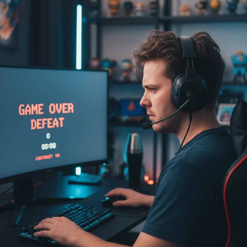 Gamer practicing deep breathing to manage frustration after an in-game defeat