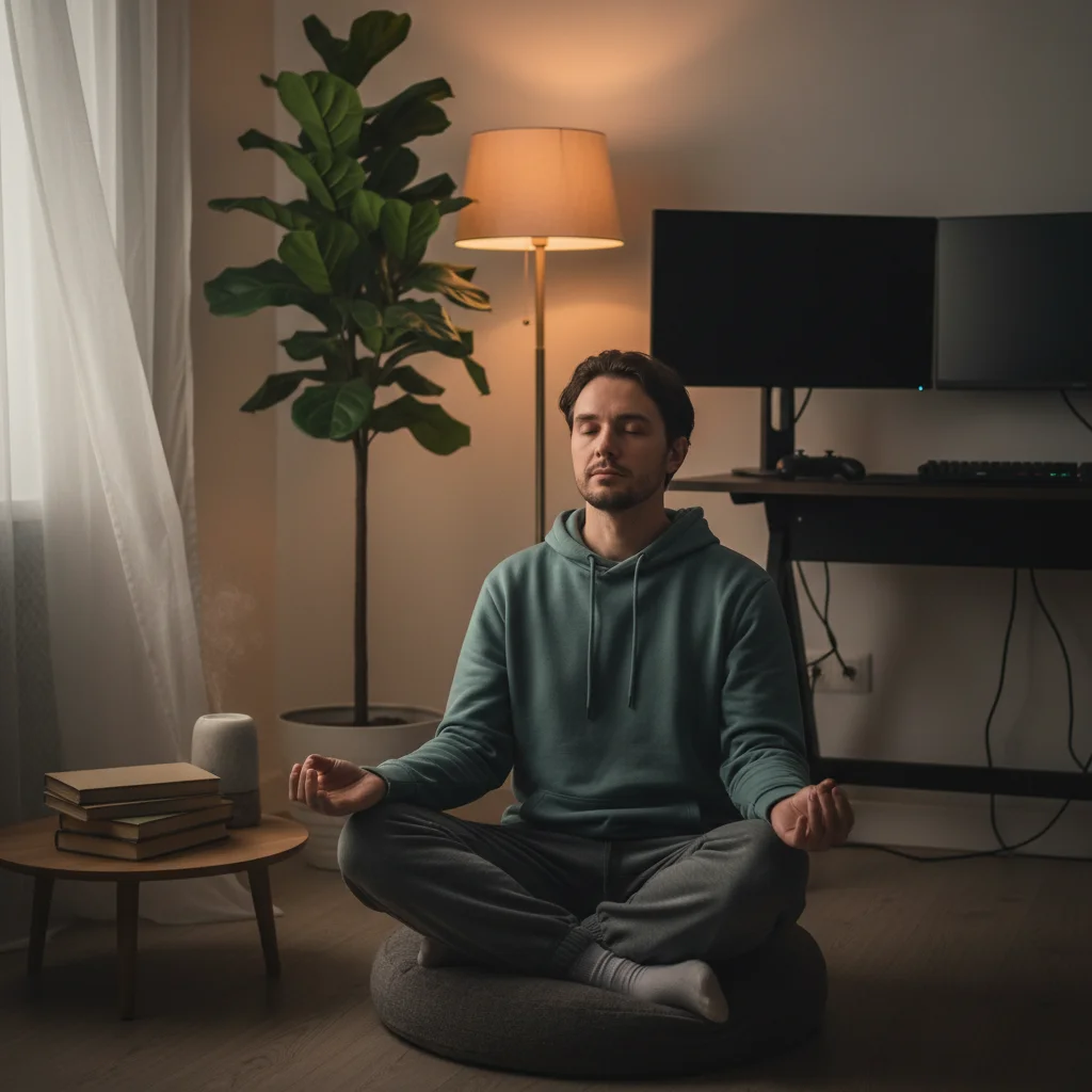 Gamer practicing mindfulness for mental clarity and stress reduction