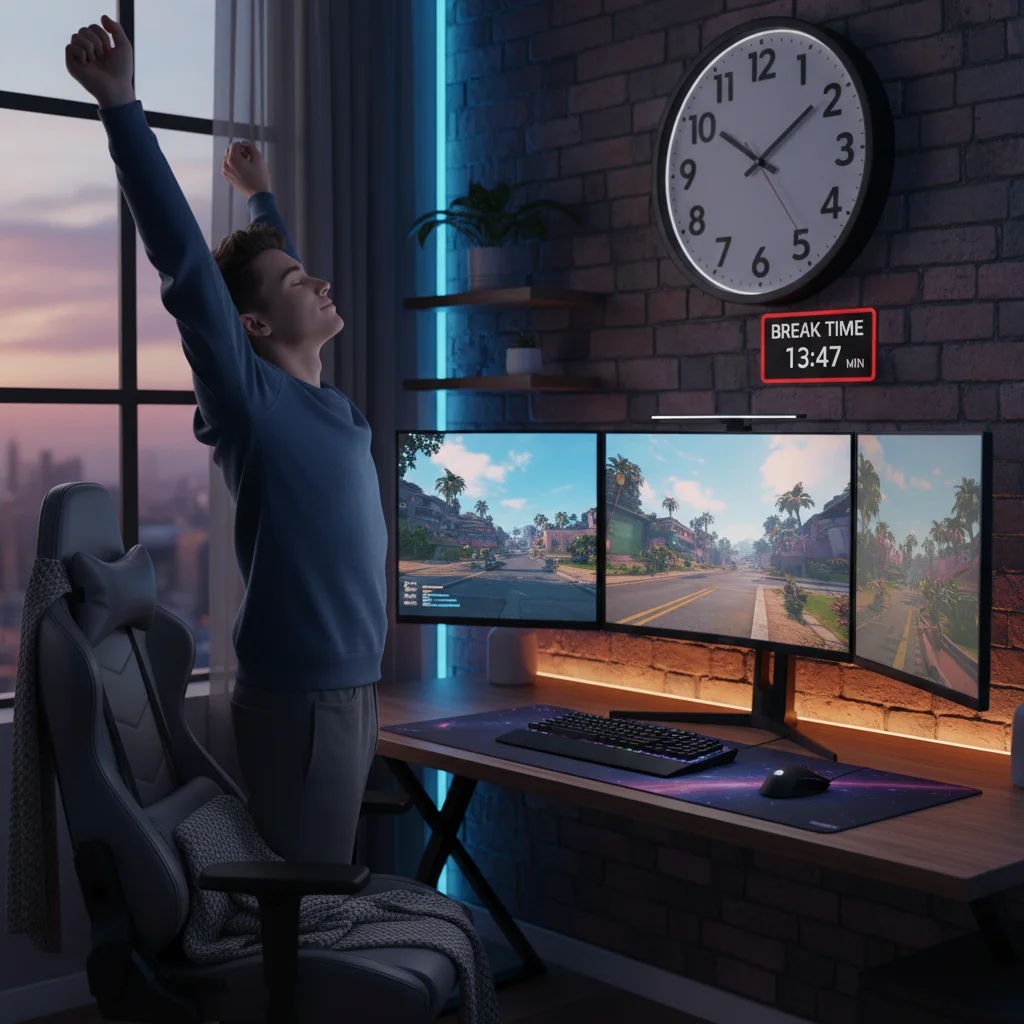 Gamer taking a scheduled break and stretching to prevent burnout
