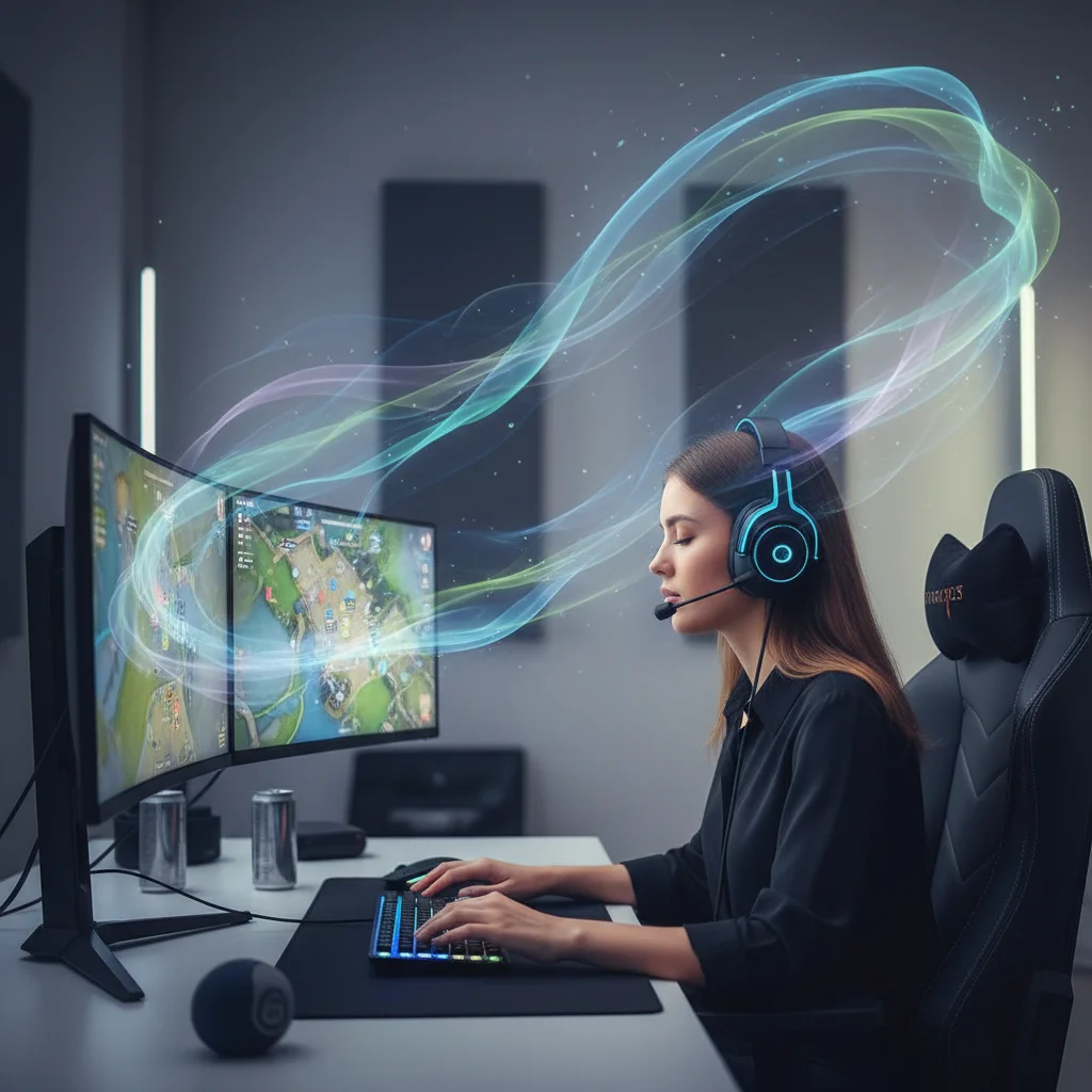 Competitive gamer practicing deep breathing to manage stress during an esports match.