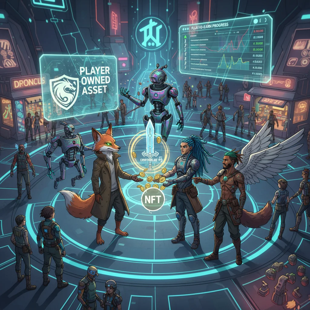 Gamers in metaverse exchanging NFT items illustrating play-to-earn