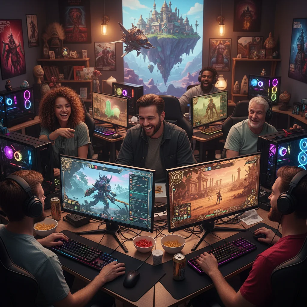 Gamers enjoying a heavily modded open-world video game with custom content.
