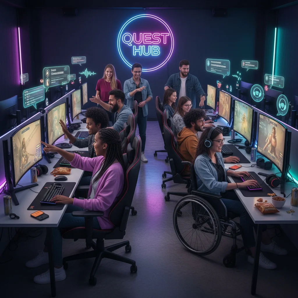Gamers collaborating and communicating in a social gaming environment.