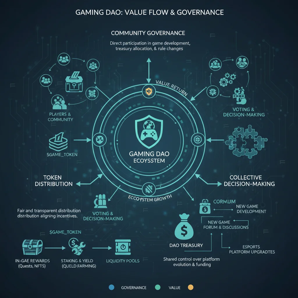 Infographic showing value flow in a gaming DAO with community governance