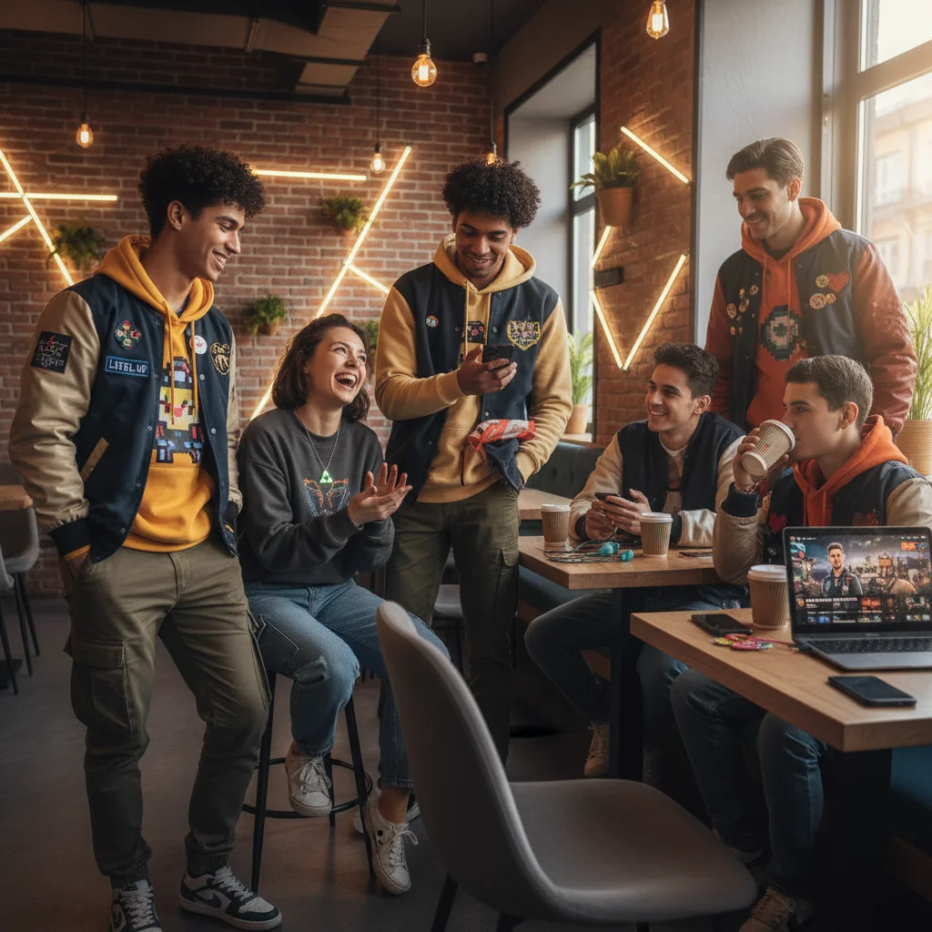 Diverse young adults in gaming-inspired fashion socially interacting in an urban cafe.