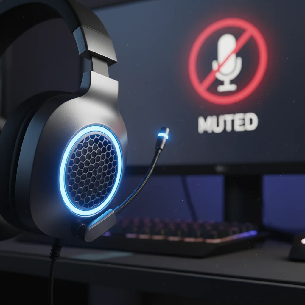 Gaming headset with muted microphone icon for controlled communication