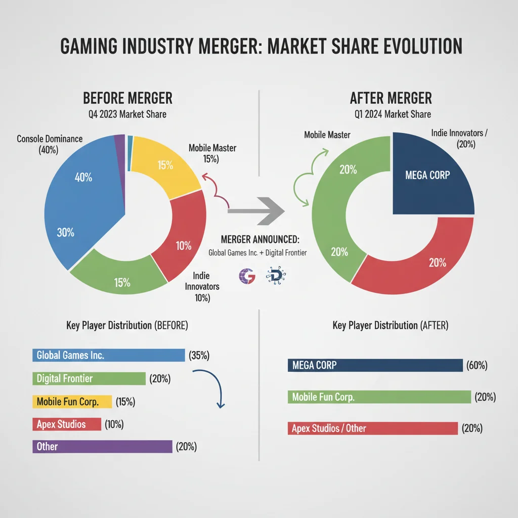 Infographic showing market share changes in the gaming industry post-merger, with company logos and percentage shifts.
