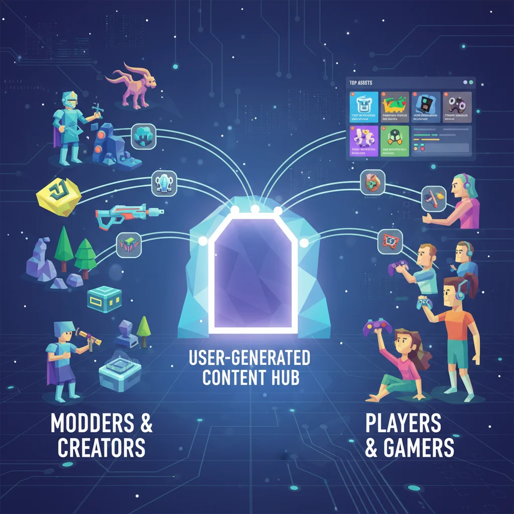 Digital marketplace for gaming assets and user-generated content, highlighting modding and platform contributions.